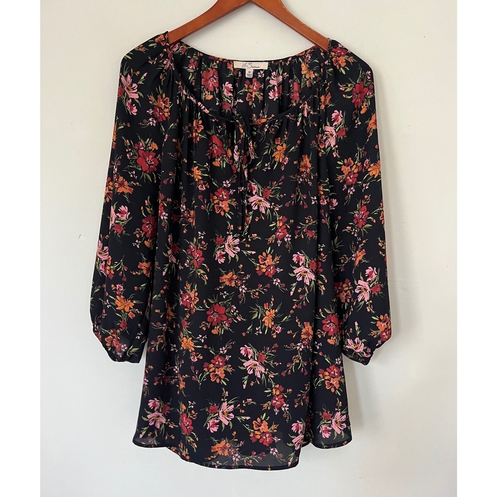 Les Serein Womens 1X Black Floral Peasant Blouse Long Sleeve Tie Neck Top boho